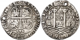 1656. Felipe IV. Potosí. E. 8 reales. (Cal. 412) (Lázaro 146). 27,08 g. Redonda. Tipo de presentación real. Triple fecha y triple ensayador. Perforaci...