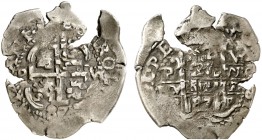 1687. Carlos II. Potosí. . 2 reales. (Cal. 618). 5,42 g. Doble fecha. Doble ensayador. Flan grande. Grieta por rotura de cuño. Rara así. (MBC+).