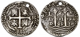 1688. Carlos II. Lima. R. 8 reales. (Cal. 219) (Lázaro 4). 26,16 g. Redonda. Tipo de presentación real. Triple fecha. Perforación, habitual en estas p...