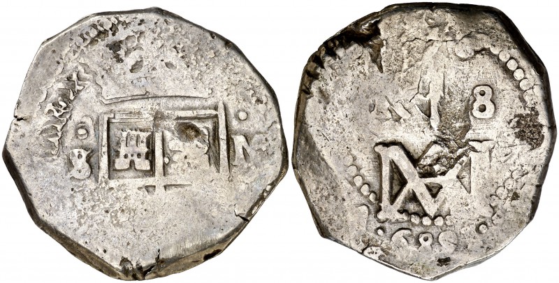 1689. Carlos II. Sevilla. M. 8 reales. (Cal. 428). 21,73 g. Tipo "María". Golpe ...