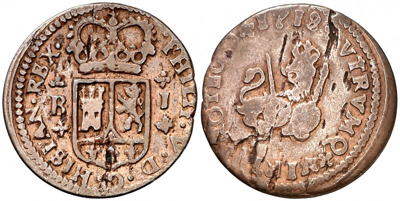 1719/8. Felipe V. Barcelona. 1 maravedí. (Cal. falta). 1,97 g. Hojitas. Muy rara...
