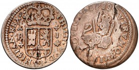 1719/8. Felipe V. Barcelona. 1 maravedí. (Cal. falta). 1,97 g. Hojitas. Muy rara. (MBC-/BC+).