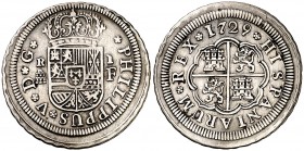 1729. Felipe V. Segovia. F. 1 real. (Cal. 1695). 2,83 g. Flan grande. Escasa. MBC.