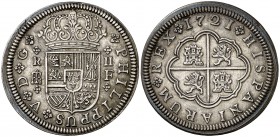 1721. Felipe V. Segovia. F. 2 reales. (Cal. 1401). 5,72 g. Precioso color. Bella. Ex Áureo & Calicó 15/12/2016, nº 1405. Rara así. EBC+.