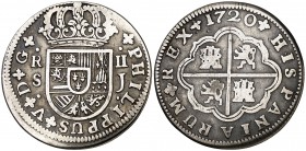 1720. Felipe V. Sevilla. J. 2 reales. (Cal. 1422). 5,12 g. Ex Colección Isabel de Trastámara 27/05/2014, nº 435. La fecha más rara de esta serie. BC+/...