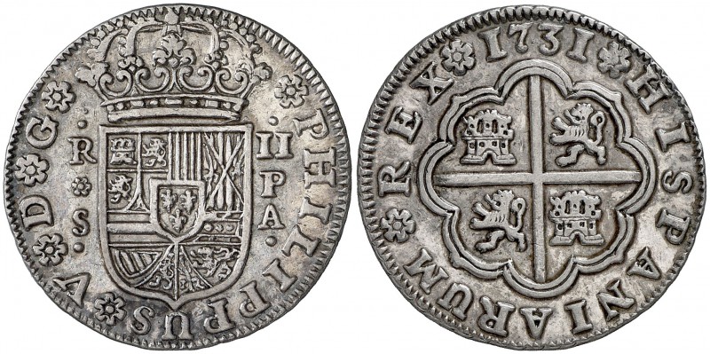 1731. Felipe V. Sevilla. PA. 2 reales. (Cal. 1431). 5,87 g. Bella. Ex Áureo & Ca...