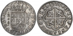 1731. Felipe V. Sevilla. PA. 2 reales. (Cal. 1431). 5,87 g. Bella. Ex Áureo & Calicó 07/11/2007, nº 867. Escasa así. EBC.