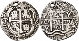 1703. Felipe V. Potosí. Y. 4 reales. (Cal. 1066). 12,78 g. Redonda. Tipo de presentación real. Doble fecha y triple ensayador. Perforación, habitual e...