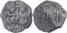1737. Felipe V. Potosí. M/E. 8 reales. (Cal. 898) (Kr. 31a, marca "rare"). 27 g. Triple fecha, una parcial. Ensayador rectificado en ambas caras. Visi...