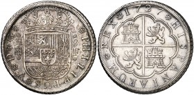 1727. Felipe V. Segovia. F. 8 reales. (Cal. 914). 26,86 g. Atractiva. Precioso color. Parte de brillo original. Rara. EBC-.