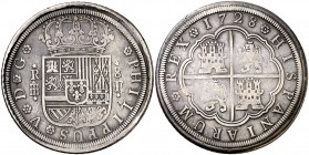 1728. Felipe V. Segovia. F. 8 reales. (Cal. 915). 26,07 g. Rara. MBC-/BC+.