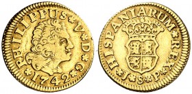 1742. Felipe V. Sevilla. JP. 1/2 escudos. (Cal. 581). 1,74 g. Rara. MBC-/MBC.