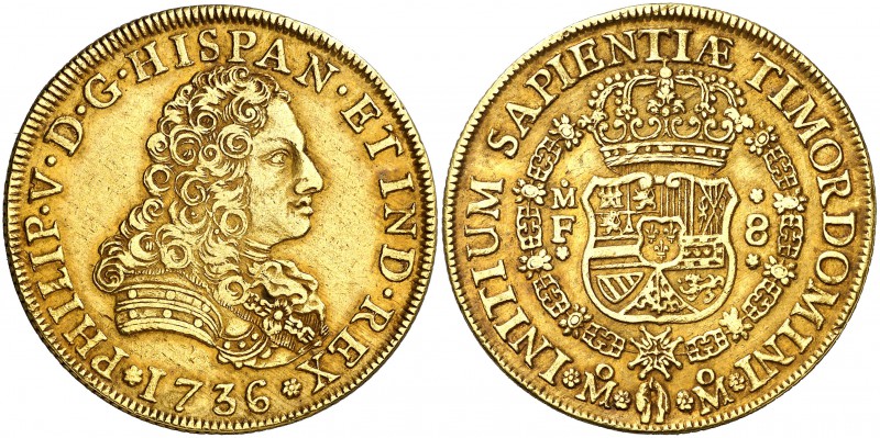 1736. Felipe V. México. MF. 8 escudos. (Cal. 128) (Cal.Onza 430). 26,95 g. Punto...