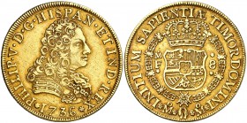 1736. Felipe V. México. MF. 8 escudos. (Cal. 128) (Cal.Onza 430). 26,95 g. Punto en lugar de florón encima del ensayador. Bonito color. Rara. MBC+.