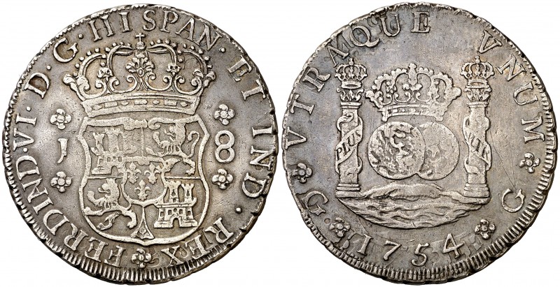 1754. Fernando VI. Guatemala. J. 8 reales. (Cal. 286). 26,89 g. Columnario. El 5...