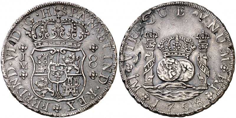 1758. Fernando VI. Lima. JM. 8 reales. (Cal. 318). 27,11 g. Columnario. Punto so...