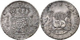 1758. Fernando VI. Lima. JM. 8 reales. (Cal. 318). 27,11 g. Columnario. Punto sobre las dos LMA. Hojitas. Pátina. (MBC+).