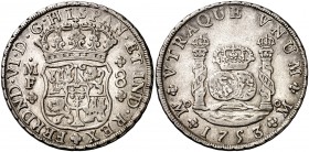 1753. Fernando VI. México. MF. 8 reales. (Cal. 331). 26,94 g. Columnario. MBC+.