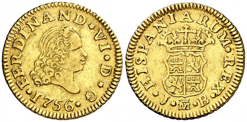 1756. Fernando VI. Madrid. JB. 1/2 escudo. (Cal. 253). 1,73 g. Tercer busto. Lev...