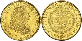 1752. Fernando VI. Lima. J. 8 escudos. (Cal. 19) (Cal.Onza 578). 26,95 g. Primer busto. Hojitas en anverso y rayitas de acuñación en reverso. Rara. MB...
