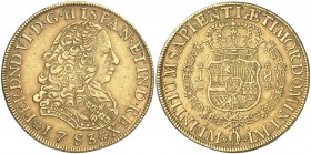 1753. Fernando VI. Lima. J. 8 escudos. (Cal. 20) (Cal.Onza 580). 26,86 g. Sin el travesaño de la A en el monograma de la ceca. Los troqueles de este b...