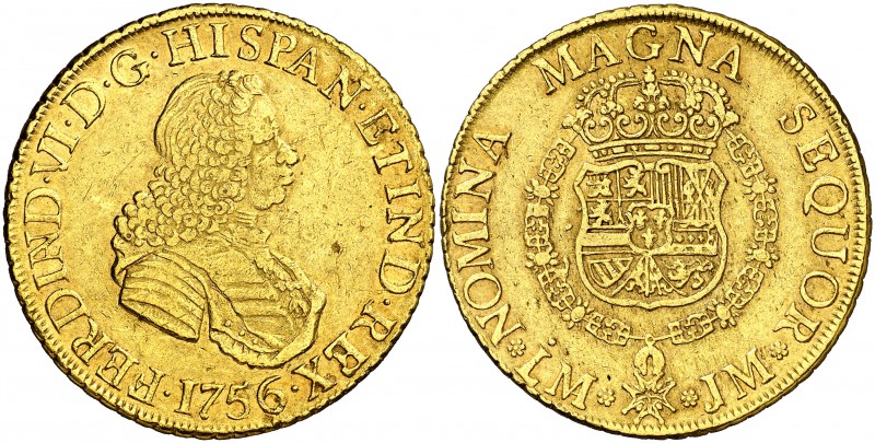 1756. Fernando VI. Lima. JM. 8 escudos. (Cal. 24) (Cal.Onza 584). 26,85 g. Rayit...
