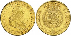 1756. Fernando VI. Lima. JM. 8 escudos. (Cal. 24) (Cal.Onza 584). 26,85 g. Rayitas. Rara. MBC/MBC+.