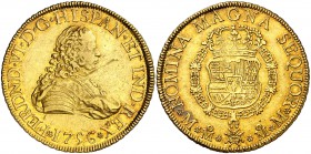 1756. Fernando VI. México. MM. 8 escudos. (Cal. 44) (Cal.Onza 607). 27 g. Rayita en anverso. Precioso color. Parte de brillo original. Rara. MBC+/EBC-...