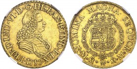 1759. Fernando VI. México. MM. 8 escudos. (Cal. 47) (Cal.Onza 610). En cápsula de la NGC como AU53 nº 2713513-003. Buen ejemplar. Rara. EBC-.