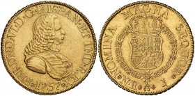 1757. Fernando VI. Santa Fe de Nuevo Reino. J. 8 escudos. (Cal. 65) (Cal.Onza 637) (Restrepo 24-8). 27 g. Atractiva. Parte de brillo original. Ex Áure...