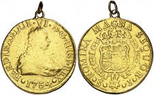 1754. Fernando VI. Santiago. J. 8 escudos. (Cal. 76) (Cal.Onza 648). 26,91 g. Con un aro para servir como joya. Rara. (BC).