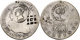 1775. Carlos III. (Madrid). PJ. 2 reales. 5,22 g. Doble resello: Costa Rica (MBC-) (De Mey 473 y 474) realizados en 1845 y Cuba, Vique (De Mey 481) de...
