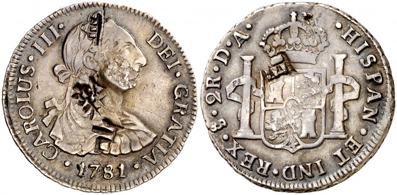 1781. Carlos III. Santiago. DA. 2 reales. (Cal. 1424). 6,69 g. Cuatro resellos o...