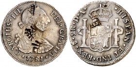 1781. Carlos III. Santiago. DA. 2 reales. (Cal. 1424). 6,69 g. Cuatro resellos orientales grandes. Rara así. (EBC-).