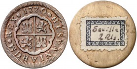 1770. Carlos III. (¿Sevilla?). 2 reales. 6,92 g. Prueba en bronce del reverso. Ex Colección Cardim. EBC-.