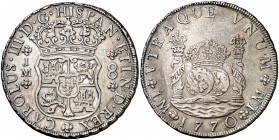 1770. Carlos III. Lima. JM. 8 reales. (Cal. 847). 26,77 g. Columnario. Punto sobre la primera LMA. Leves marquitas. Preciosa pátina. EBC+/EBC.