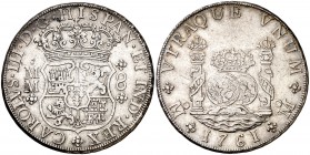 1761. Carlos III. México. MM. 8 reales. (Cal. 888). 27,06 g. Columnario. Leves marquitas. MBC+.
