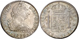 1776. Carlos III. México. FM. 8 reales. (Cal. 921). 26,77 g. Preciosa pátina. Escasa así. EBC-.