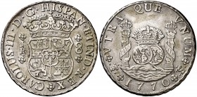 1770. Carlos III. Potosí. JR. 8 reales. (Cal. 972). 26,76 g. Columnario. Escasa. MBC+.