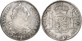 1786. Carlos III. Potosí. PR. 8 reales. (Cal. 994). 26,79 g. Flan grande. Golpecito. MBC-/MBC.
