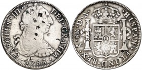 1788. Carlos III. Santiago. DA. 8 reales. (Cal. 1027). 26,65 g. Resellos orientales. Muy rara. (MBC+).