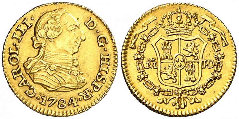 1784. Carlos III. Madrid. JD. 1/2 escudo. (Cal. 776). 1,73 g. Leve rayita. Bella...