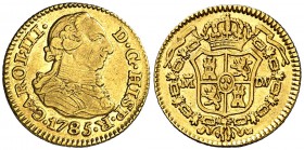 1785. Carlos III. Madrid. DV. 1/2 escudo. (Cal. 777). 1,75 g. Atractiva. Parte de brillo original. Rara. MBC+.