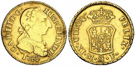 1769. Carlos III. México. MF. 1 escudo. (Cal. 644). 3,31 g. Tipo "cara de rata". Rayitas. Sirvió como joya. Rara. (BC+/MBC-).