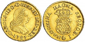 1767. Carlos III. Popayán. J. 1 escudo. (Cal. 669) (Restrepo 8). 3,34 g. Busto de Fernando VI. Leves rayitas. Bella. Rara y más así. EBC-.
