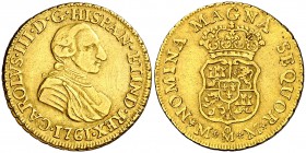 1761. Carlos III. México. MM. 2 escudos. (Cal. 462). 6,69 g. Primer busto. Rayitas. Buen ejemplar. Muy rara. MBC+.