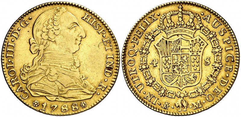 1788/3. Carlos III. Madrid. M/JD. 4 escudos. (Cal. 314). 13,53 g. MBC/MBC+.