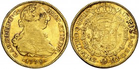 1779. Carlos III. Lima. MJ. 8 escudos. (Cal. 35) (Cal.Onza 703). 26,92 g. Hojitas. MBC.