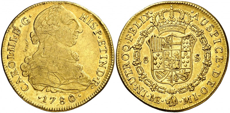1780. Carlos III. Lima. MI. 8 escudos. (Cal. 37) (Cal.Onza 705). 26,81 g. Hojita...