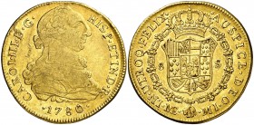 1780. Carlos III. Lima. MI. 8 escudos. (Cal. 37) (Cal.Onza 705). 26,81 g. Hojitas. Parte de brillo original. MBC/EBC-.